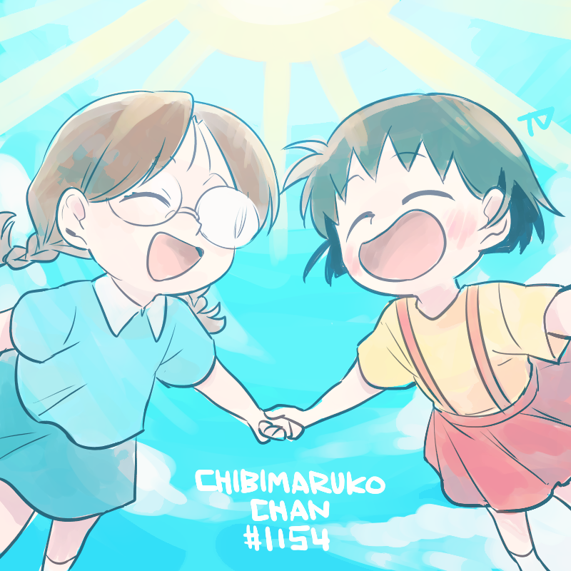 2girls blue_skirt braid chibi_maruko-chan child closed_eyes copyright_name glasses holding_hands honami_tamae low_twin_braids multiple_girls opaque_glasses open_mouth partially_opaque_glasses pleated_skirt red_skirt sakura_momoko short_hair signature skirt smile sun suspender_skirt suspenders tsunoji twin_braids
