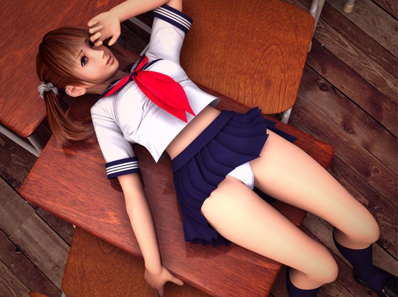 1girl 3d brown_eyes brown_hair classroom cocoa_(character) desk female_focus incise_soul indoors m-rs panties pantyshot school school_desk school_uniform serafuku skirt socks solo twintails underwear