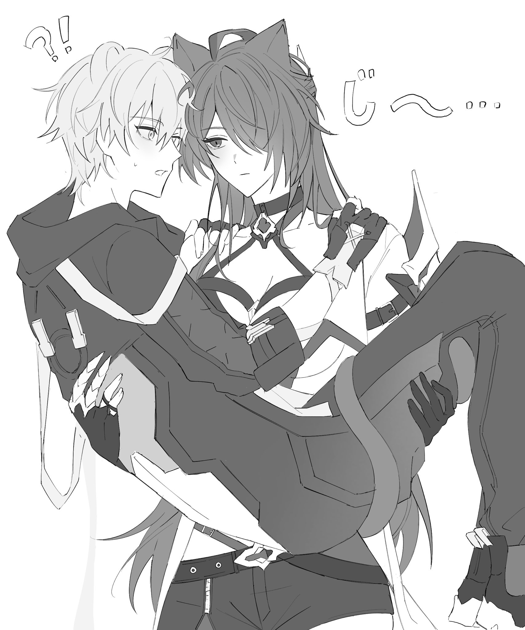 1boy 1girl acheron_(honkai:_star_rail) ahoge animal_ears armor belt black_belt black_choker black_gloves black_jacket black_pants black_shorts breasts caelus_(honkai:_star_rail) cat_ears choker cleavage coat coattails collarbone commentary_request cowboy_shot criss-cross_halter crop_top gloves hair_over_one_eye halterneck highres honkai:_star_rail honkai_(series) jacket large_breasts light_blush long_hair looking_at_another monochrome pants poi_po12 reverse_princess_carry shorts shoulder_armor single_bare_shoulder thighs trailblazer_(honkai:_star_rail) translated white_coat