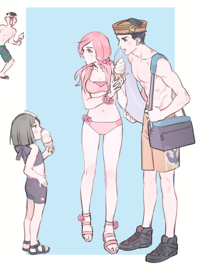 1girl 3boys abs anchor_print anchor_symbol bike_shorts bikini black_bike_shorts black_eyes black_hair blue_innertube breasts cleavage cooler flip-flops flower food green_eyes green_male_swimwear green_swim_trunks hair_ornament hand_on_own_hip higashikata_joshu higashikata_josuke_(jojolion) higashikata_tsurugi hirose_yasuho holding holding_swim_ring ice_cream ice_cream_cone innertube jojo_no_kimyou_na_bouken jojolion male_swimwear multiple_boys navel orange_male_swimwear orange_swim_trunks pink_bikini pink_flower pink_hair print_male_swimwear print_swim_trunks print_swimsuit purple_eyes quad_tails reammara sandals footwear_flower shoes sneakers swim_ring swim_trunks swimsuit toned trap