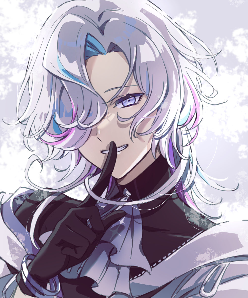 1boy ascot black_gloves black_shirt blue_hair bracelet cm10th colored_inner_hair curtained_hair finger_to_mouth gloves grey_ascot grey_background grin hair_over_one_eye highres holostars jacket jewelry looking_at_viewer male_focus medium_hair multicolored_hair off_shoulder pink_hair purple_eyes purple_hair shirt shushing side_part smile solo streaked_hair turtleneck upper_body utsugi_uyu virtual_youtuber white_hair white_jacket zipper