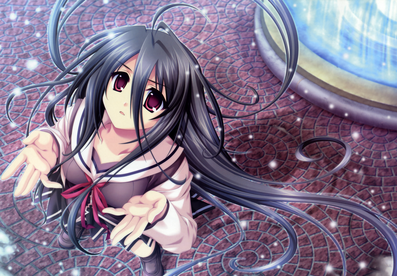 1girl alpha_(yukai_na_nakamatachi) black_hair female_focus from_above g-senjou_no_maou long_hair long_sleeves looking_up red_eyes school_uniform snow solo usami_haru