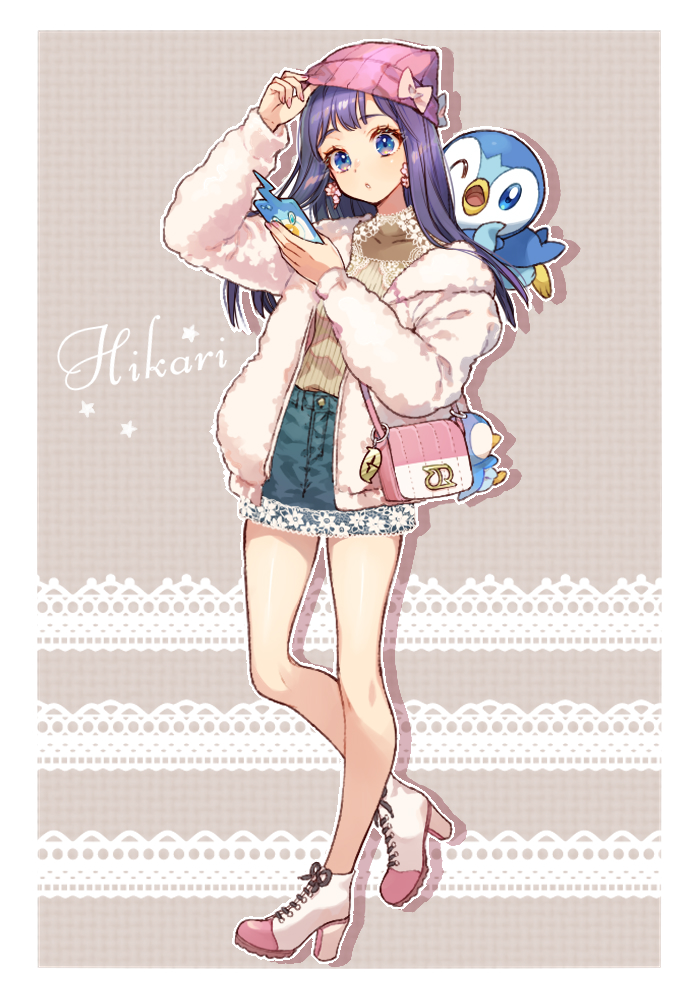1girl alternate_costume arm_up beanie blue_eyes border character_doll character_name commentary_request dawn_(pokemon) doll earrings eyelashes full_body fur_jacket gen_4_pokemon green_skirt hand_up hat high_heels holding holding_phone jacket jewelry knees long_hair long_sleeves nintendo on_shoulder open_clothes open_jacket phone pink_bag piplup pokemon pokemon_(anime) pokemon_(creature) pokemon_dppt_(anime) pokemon_on_shoulder purple_hair rotom rotom_phone sasairebun skirt star_(symbol) sweater white_border white_footwear yellow_sweater