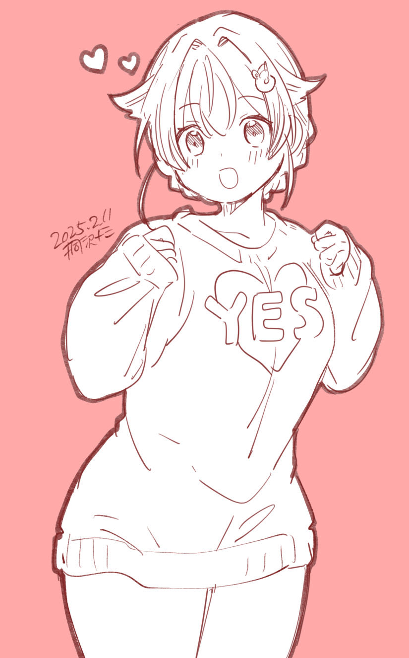 1girl artist_logo braid clothes_writing cowboy_shot dated dress hair_flaps highres jingei_(kancolle) kantai_collection kirisawa_juuzou lineart logo long_hair monochrome red_theme smile solo sweater sweater_dress