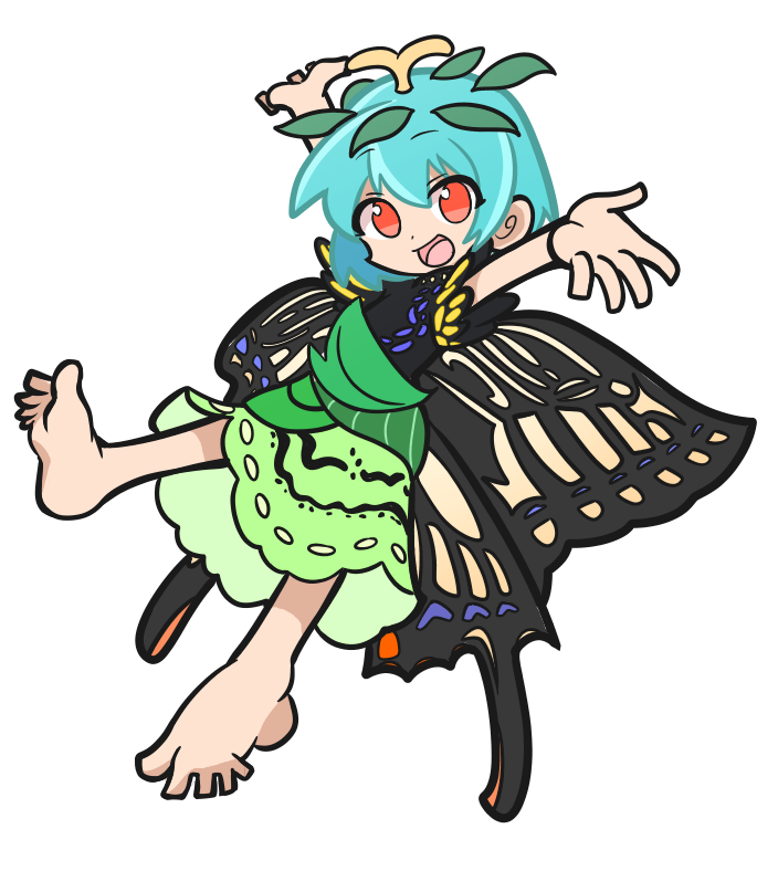 1girl antennae aqua_hair bad_anatomy bad_feet barefoot butterfly_wings dress eternity_larva fairy full_body green_dress insect_wings leaf leaf_on_head multicolored_dress open_mouth orange_eyes parody puyopuyo shinmon_akika short_hair short_sleeves simple_background smile solo style_parody touhou white_background wings