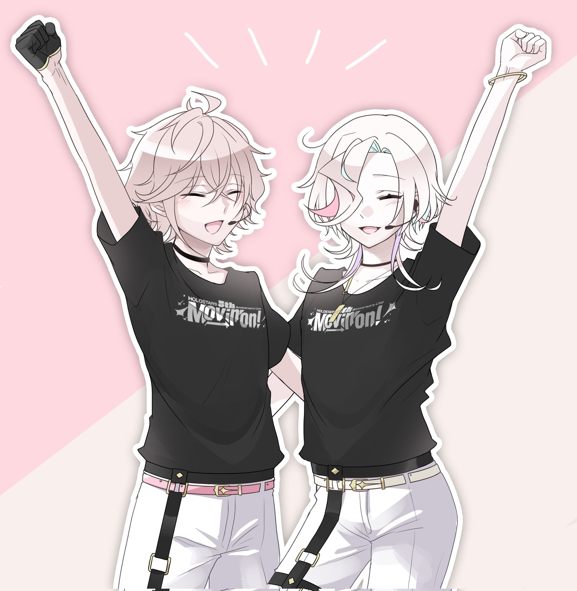 2boys arm_around_waist arm_up aya240609 belt bishounen black_choker black_gloves black_shirt celebration choker closed_eyes curtained_hair gloves gradient_background hair_between_eyes hair_over_one_eye happy highres holostars holostars_idol_uniform_(movin_on) male_focus medium_hair multicolored_hair multiple_boys open_mouth outline pants pink_background pink_hair print_shirt rikka_(holostars) shirt short_hair smile streaked_hair upper_body utsugi_uyu virtual_youtuber white_hair white_outline white_pants