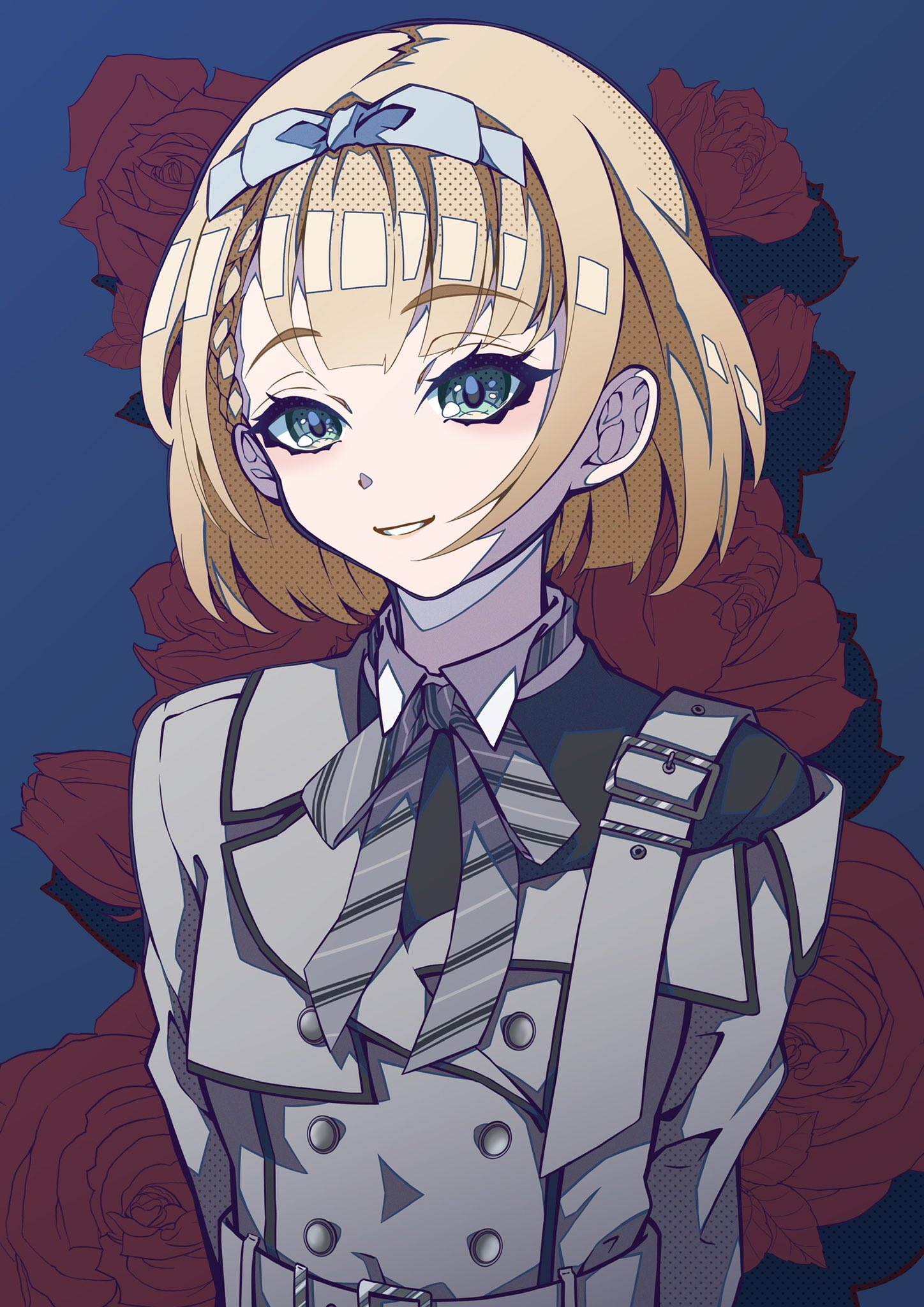 1girl 22/7 arms_behind_back asymmetrical_bangs belt belt_buckle blonde_hair blue_bow blue_hairband bob_cut bow bow_hairband bowtie buckle diagonal-striped_bow diagonal-striped_bowtie diagonal-striped_clothes dress floral_background flower green_eyes grey_belt grey_dress hair_bow hairband highres inverted_bob kamisama_datte_kimerarenai lionmaru0808 long_sleeves looking_at_viewer parted_lips red_flower red_rose rose saito_nicole short_hair smile solo striped_clothes upper_body