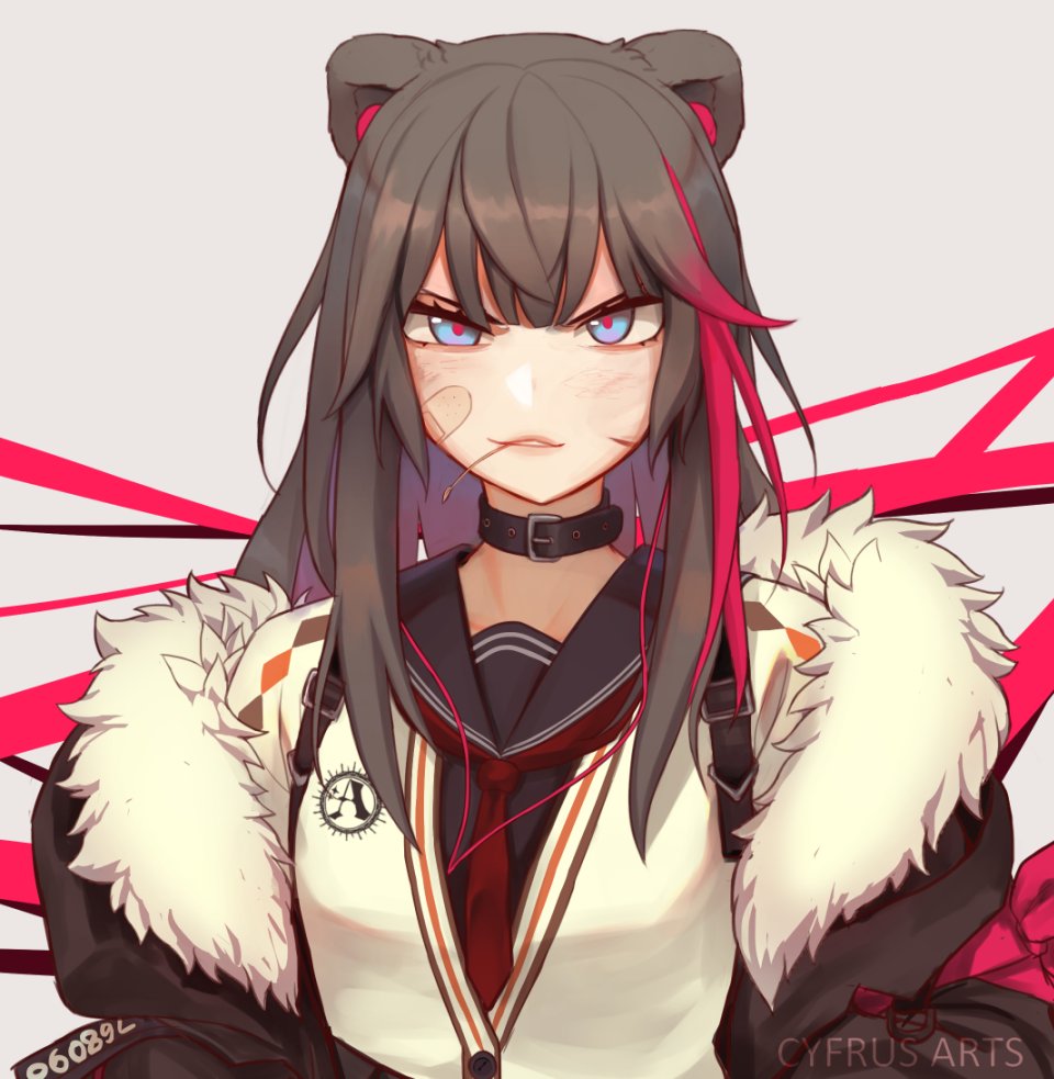 1girl animal_ears arknights artist_name bandaid bandaid_on_cheek bandaid_on_face bear_ears blue_eyes brown_hair commentary commentary_request cyfrus english_commentary facial_scar fur-trimmed_jacket fur_trim jacket looking_at_viewer multicolored_hair red_hair revision sailor_collar scar scar_on_cheek scar_on_face school_uniform serafuku smile smirk solo streaked_hair two-tone_hair upper_body watermark zima_(arknights)
