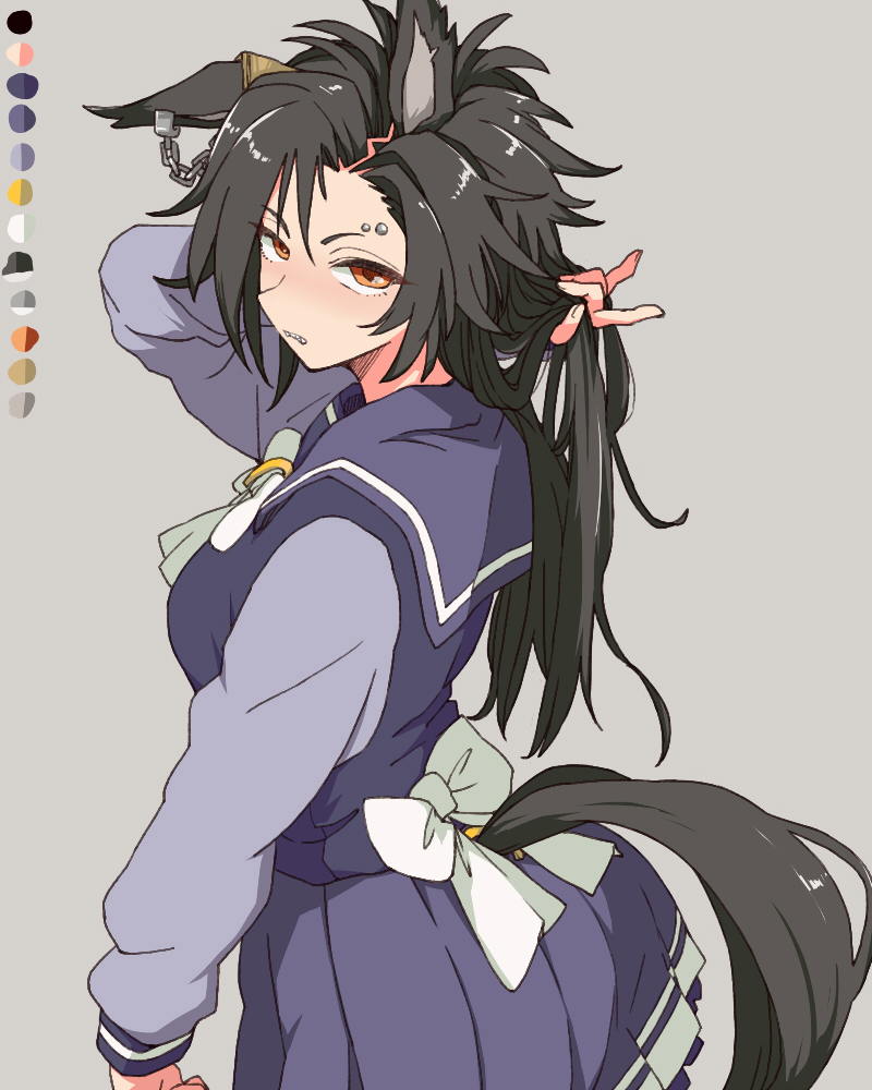 1girl air_shakur_(umamusume) animal_ears black_hair blue_serafuku blue_shirt blue_skirt bow chain clothing_cutout color_guide commentary ear_chain ear_ornament english_commentary eyebrow_piercing from_side grey_background holding holding_own_hair horse_ears horse_girl horse_tail long_hair long_sleeves looking_at_viewer looking_to_the_side orange_eyes piercing pleated_skirt sailor_collar sailor_shirt school_uniform serafuku sharp_teeth shirt shirt_bow simple_background skirt solo tail tail_through_clothes teeth toriga_naku tracen_school_uniform umamusume white_bow