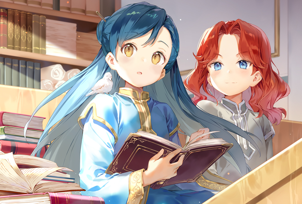 1boy 1girl animal animal_on_shoulder bird bird_on_shoulder blouse blue_dress blue_eyes book bookshelf delia_(honzuki_no_gekokujou) dress gilse grey_shirt hair_bun hartmut_(honzuki_no_gekokujou) holding holding_book honzuki_no_gekokujou looking_to_the_side myne_(honzuki_no_gekokujou) official_art open_mouth parted_bangs red_hair shirt single_hair_bun smile yellow_eyes