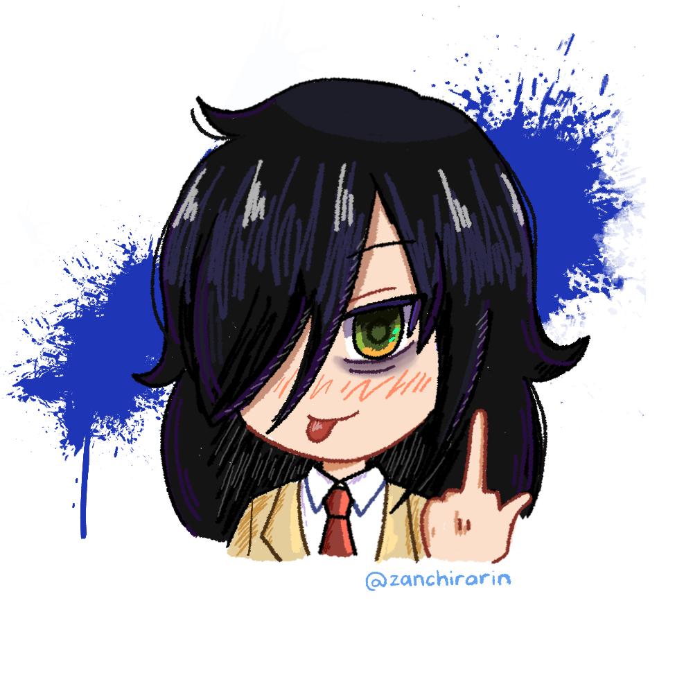 black_hair blush commission crayon_drawing green_eyes jacket kuroki_tomoko middle_finger one_eye_covered one_eye_visible paint_splatter smile spray_paint tie_clip tired_eyes tongue tongue_out watashi_ga_motenai_no_wa_dou_kangaetemo_omaera_ga_warui! yellow_jacket zanchirarin