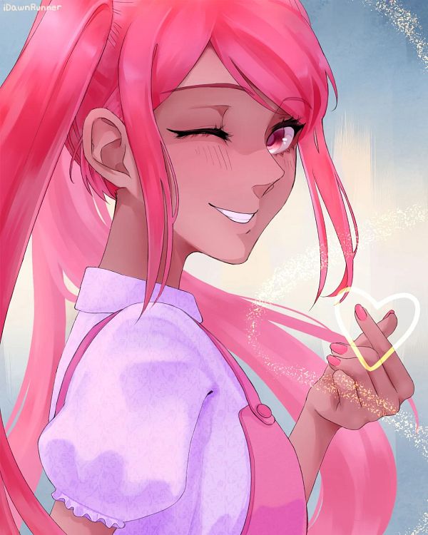 1girl blush bow dark-skinned_female dark_skin dress idawnrunner long_hair looking_at_viewer nail_polish omori one_eye_closed perfectheart_(omori) pink_eyes pink_hair puffy_short_sleeves puffy_sleeves shirt short_sleeves smile third-party_source twintails white_shirt