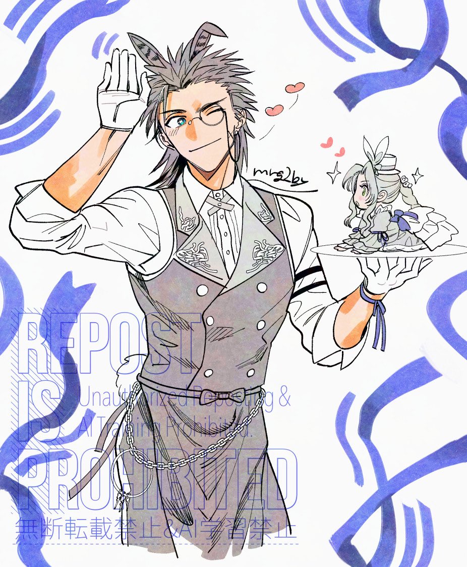 1boy 1girl aerith_gainsborough aerith_gainsborough_(classic_coney) animal_ears apron arm_ribbon back_ribbon black_apron black_hair black_vest blue_eyes blue_ribbon braid braided_ponytail closed_mouth collared_shirt commentary_request cowboy_shot cross_scar dress earrings easter facial_scar final_fantasy final_fantasy_vii final_fantasy_vii_ever_crisis gloves hand_up hat heart holding holding_plate jewelry looking_at_another mini_hat mini_person minigirl monocle mrg2by official_alternate_costume one_eye_closed parted_bangs plate ponytail rabbit_ears rabbit_pose rabbit_tail ribbon scar scar_on_cheek scar_on_face shirt short_hair sleeves_rolled_up smile sparkle spiked_hair stud_earrings tail vest waist_apron white_gloves white_shirt zack_fair zack_fair_(bunny_butler)