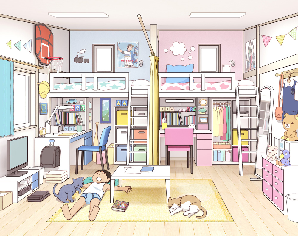 1boy absurdly_detailed_composition blue_male_underwear brown_hair carpet cat chabudai_(table) chair child curtains desk fixed-point_camera indoors kiyo_(kyokyo1220) korilakkuma loaded_interior loft_bed lying male_underwear mirror on_back on_floor ootani_shouhei original poster_(object) rilakkuma san-x shirt short_hair sleeping solo stuffed_animal stuffed_toy table teddy_bear television time_lapse underwear white_shirt window