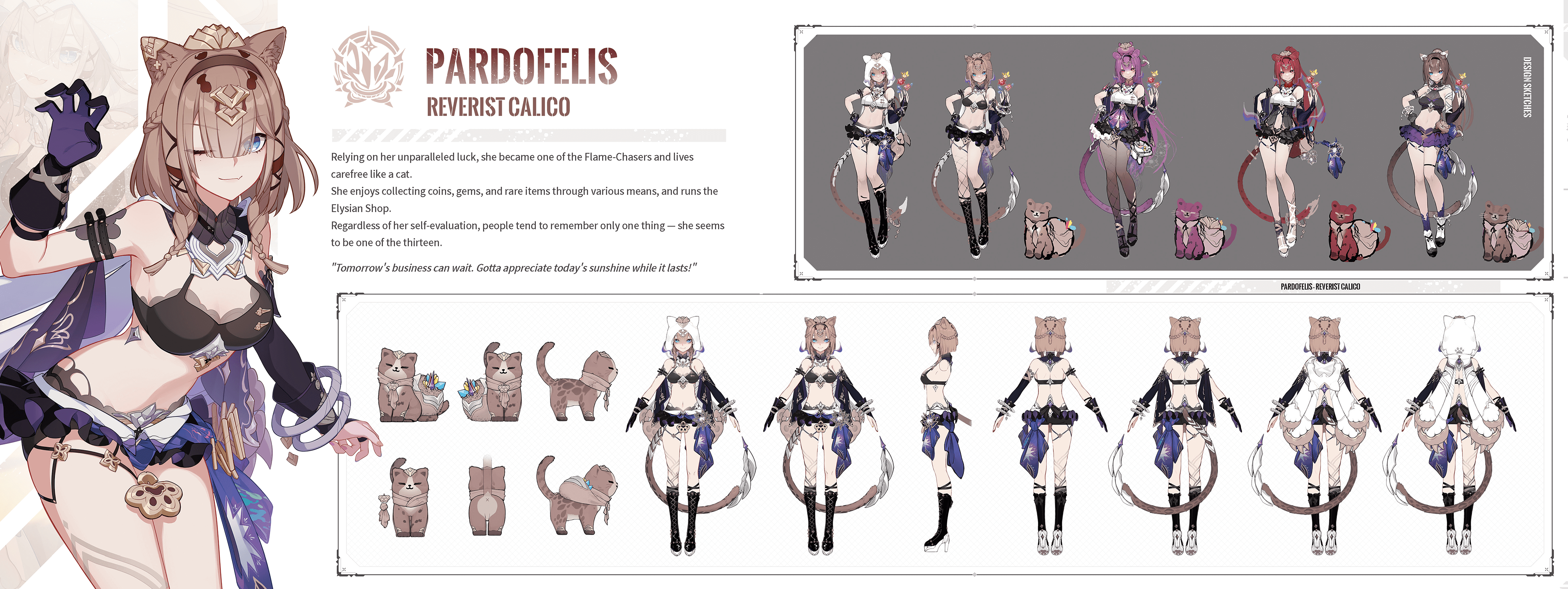 1girl a-pose absurdres animal animal_ears bad_source bare_legs black_socks blue_eyes brown_cat can_(honkai_impact) cat cat_ears cat_girl cat_tail character_name concept_art english_text highres honkai_(series) honkai_impact_3rd light_brown_hair navel official_art one_eye_closed pardofelis pardofelis_(reverist_calico) pink_cat pink_hair red_cat red_hair short_hair_with_long_locks socks tail white_hood