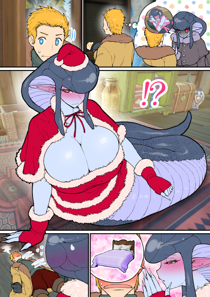 1boy 1girl baker_(amano_jack_(paradise_jack)) blonde_hair blue_skin blush breasts christmas cleavage colored_skin door dress fingerless_gloves fur-trimmed_dress fur-trimmed_headwear fur-trimmed_skirt fur_trim gloves hat house lamia large_breasts monster_girl naked_ribbon nenbuta original pointy_ears red_eyes red_gloves red_hat ribbon santa_costume santa_dress santa_hat skirt snake_girl walk-in winter_clothes