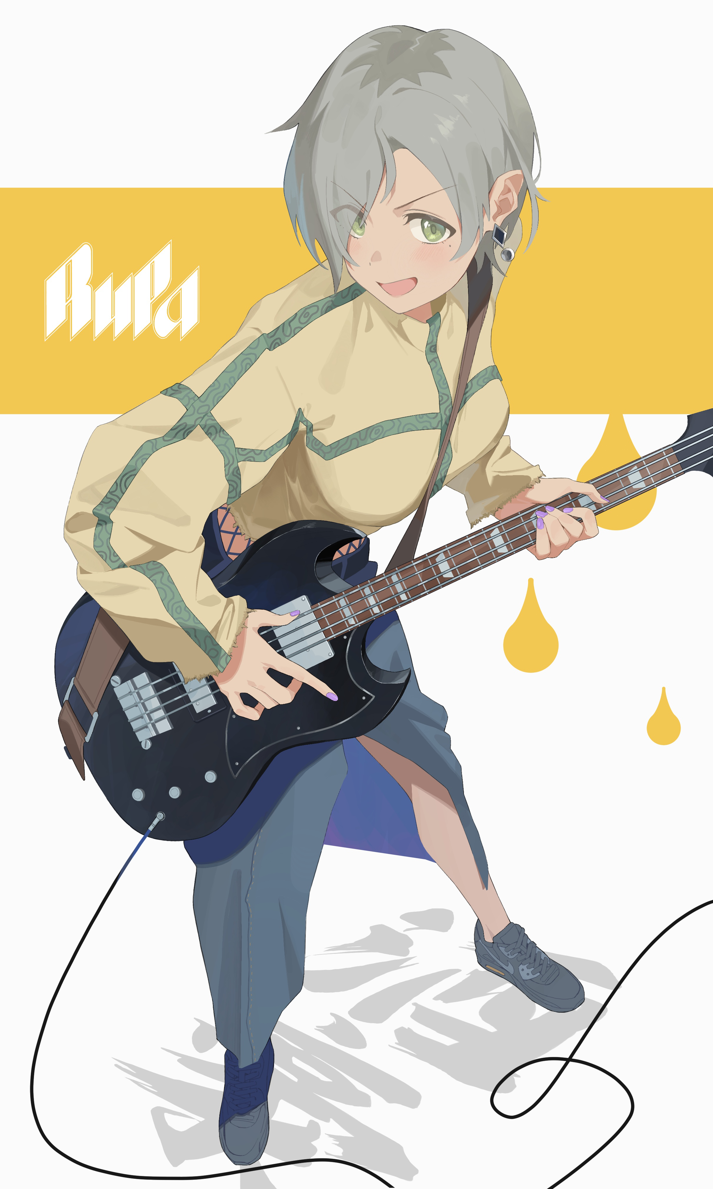 1girl absurdres black_shoes blue_skirt brown_sweater cable character_name commentary_request earrings bass_guitar eyes_visible_through_hair fromgod_jungle girls_band_cry green_eyes grey_hair hair_over_one_eye highres instrument jewelry long_sleeves mole mole_under_eye multicolored_hair music nail_polish open_mouth playing_bass_guitar playing_instrument purple_nails roots_(hair) rupa_(girls_band_cry) shoes short_hair skirt solo sweater translation_request