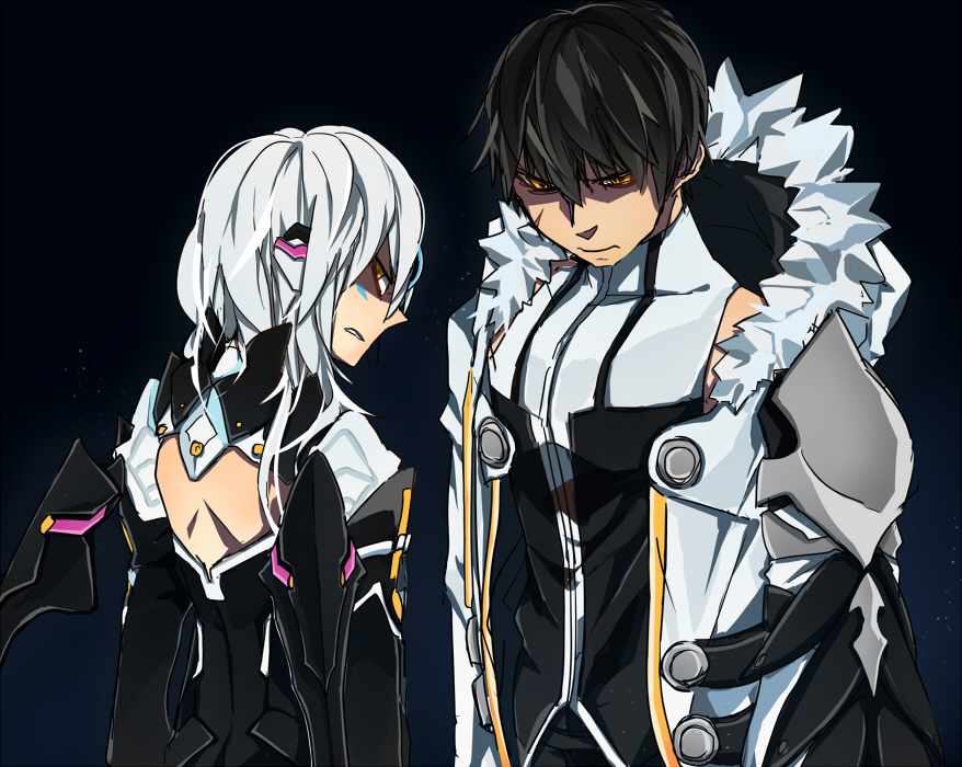 1boy 1girl android black_dress black_hair blade_master_(elsword) code:_nemesis_(elsword) dress elsword esu_(transc) eve_(elsword) facial_mark jacket looking_at_viewer looking_back mechanical_arms raven_cronwell robot_ears scar scowl shaded_face single_mechanical_arm white_hair yellow_eyes