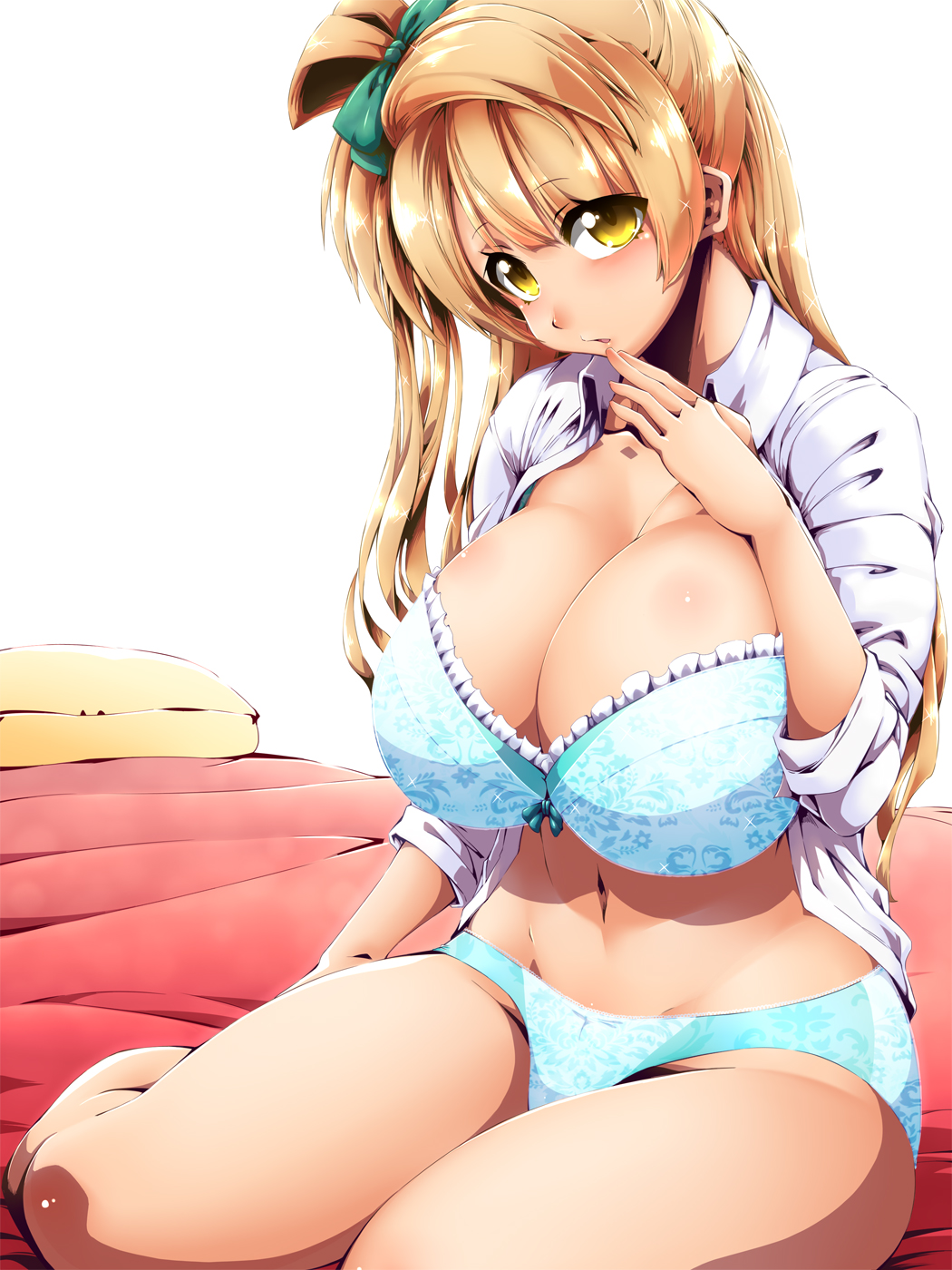 1girl blue_bra blue_panties bow bra breasts brown_hair cleavage commentary_request female_focus hair_bow hair_intakes head_tilt highres huge_breasts lace lace-trimmed_bra lace_trim long_hair love_live! love_live!_school_idol_project minami_kotori navel on_bed one_side_up open_clothes open_shirt panties pillow shirt sitting sleeves_pushed_up solo tokyo_(great_akuta) underwear yellow_eyes yokozuwari