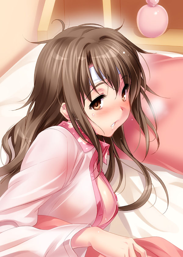 1girl blush breasts brown_eyes brown_hair chestnut_mouth cold_pack female_focus idolmaster idolmaster_cinderella_girls long_hair long_sleeves looking_at_viewer medium_breasts messy_hair shimamura_uzuki solo under_covers upper_body zen