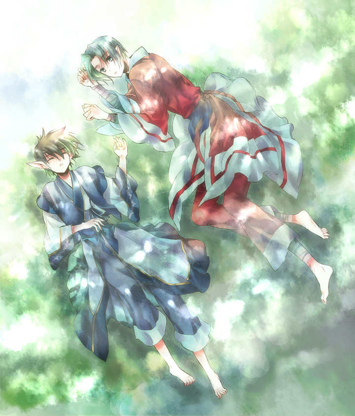 2boys animal_ears bad_id bad_pixiv_id barefoot benawi brown_hair dappled_sunlight feet grass green_hair japanese_clothes kanan_yt lying male_focus multiple_boys oboro_(utawarerumono) pointy_ears short_hair sleeping sunlight utawarerumono