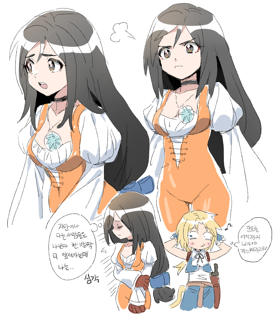 1boy 1girl arms_behind_head black_choker blonde_hair blue_pants blue_vest blue_wrist_cuffs bodysuit breasts brown_eyes brown_gloves brown_hair choker closed_eyes cropped_vest crystal dede_(qwea_00000) final_fantasy final_fantasy_ix frown furrowed_brow garnet_til_alexandros_xvii gloves jewelry juliet_sleeves korean_text long_hair long_sleeves low-tied_long_hair low_side_ponytail medium_breasts monkey_tail musical_note open_mouth orange_bodysuit pants parted_bangs pendant puffy_long_sleeves puffy_sleeves tail upper_body vest whistling white_background wrist_cuffs zidane_tribal