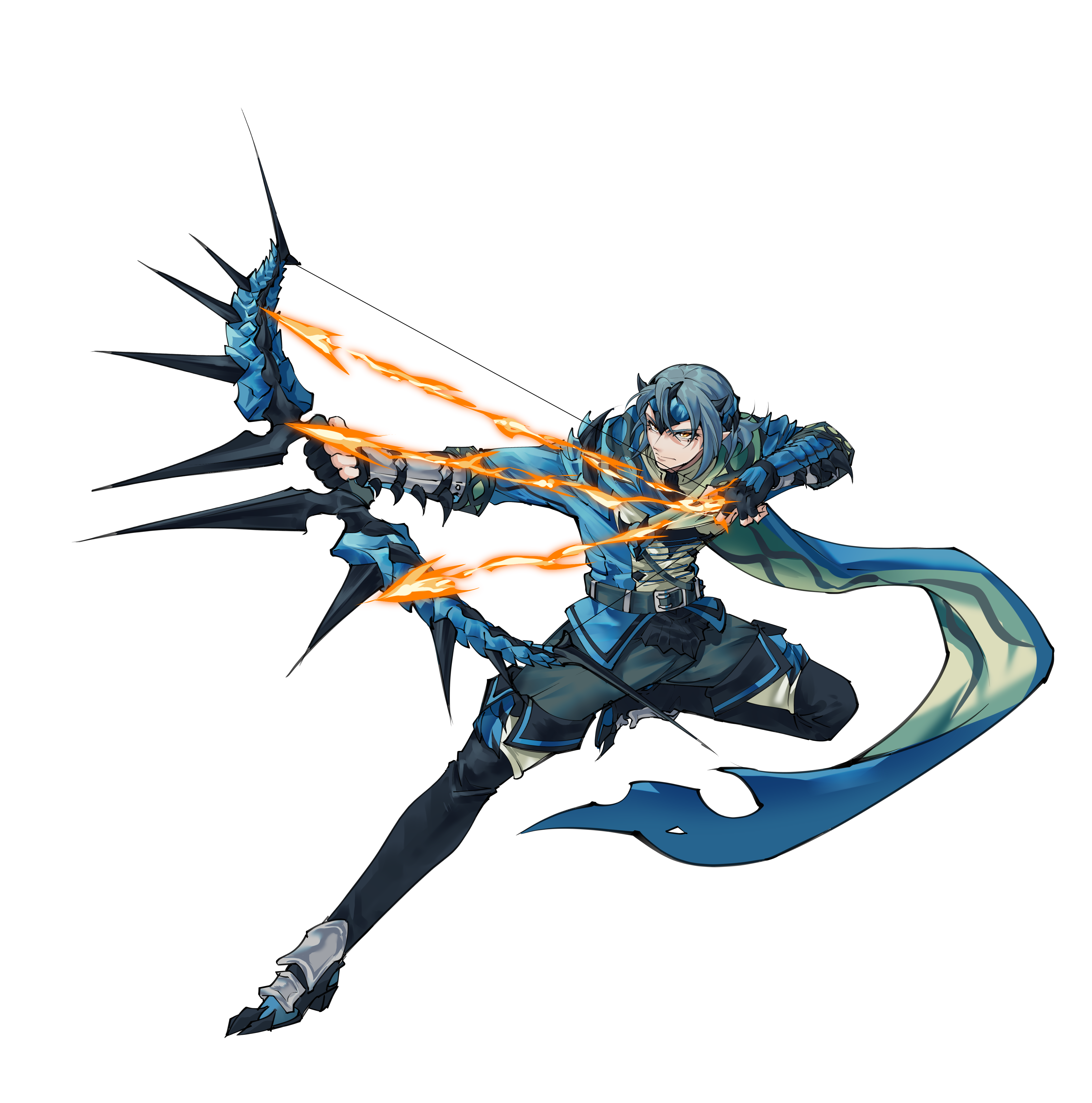 1boy absurdres azure_rathalos belt blue_hair boots bow_(weapon) bracer drawing_bow fingerless_gloves flaming_arrow full_body gloves hair_between_eyes headpiece highres holding holding_bow_(weapon) holding_weapon lanmizu2002 long_scarf male_focus monster_hunter_(series) personification pointy_ears rathalos scarf slit_pupils solo spikes thigh_boots weapon yellow_eyes