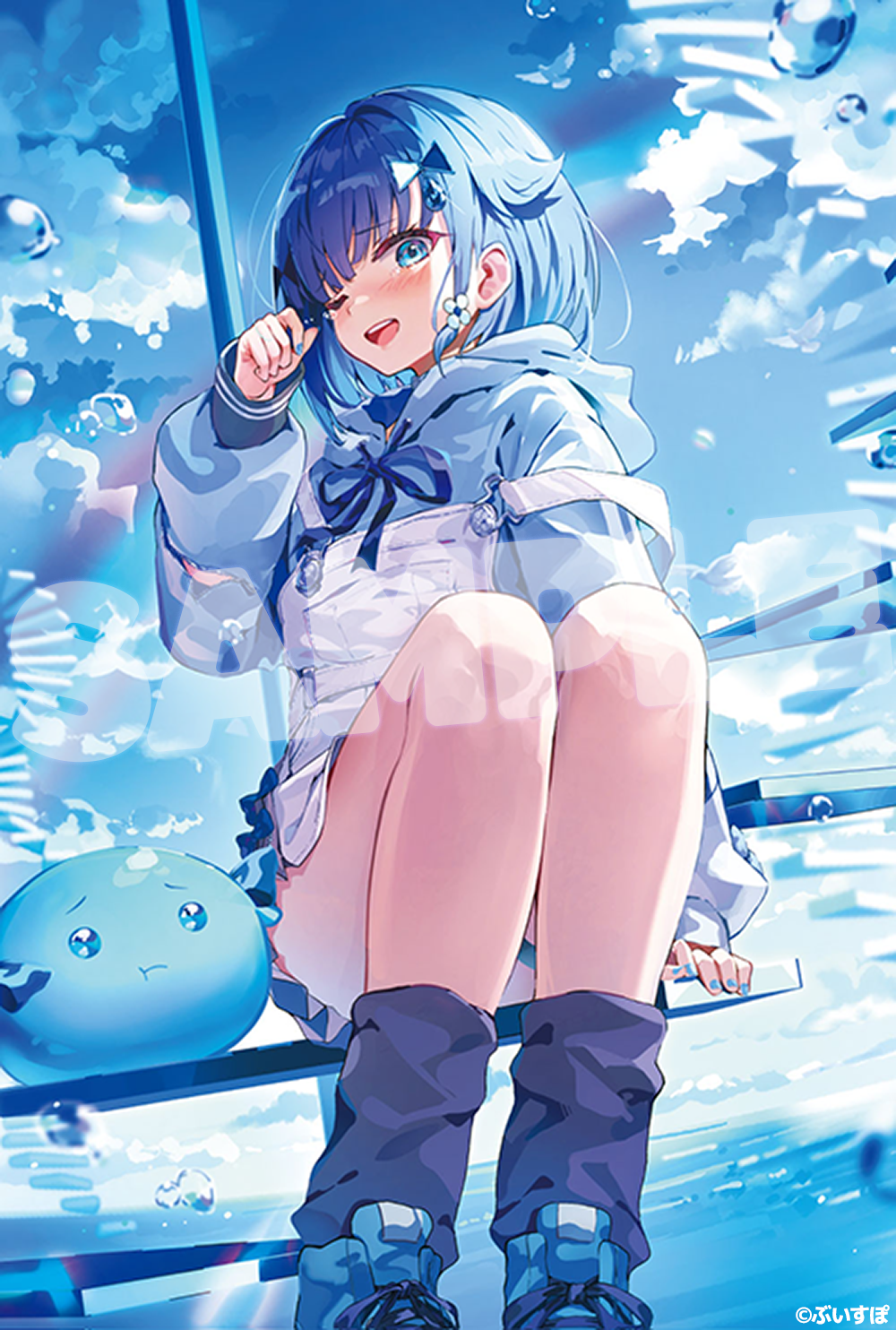 1girl air_bubble blue_eyes blue_hair blue_hoodie blue_nails blue_shoes blue_sky blue_socks bubble cloud cloudy_sky highres hood hood_down hoodie huwari_(dnwls3010) long_sleeves official_art one_eye_closed open_mouth outdoors sample_watermark shoes short_hair sitting sky smile socks solo tearing_up teeth tsumugi_kokage upper_teeth_only virtual_youtuber vspo! watermark