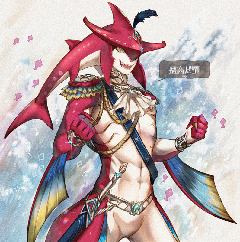 1boy abs aiguillette aqua_gemstone arm_fins armor ascot belt clenched_hands colored_skin cowboy_shot detached_collar feather_hair_ornament feathers fingernails fish_boy gem gills glint hair_ornament hand_up long_fingernails looking_at_viewer male_focus monster_boy nintendo nude one_eye_covered open_mouth pauldrons red_skin sharp_fingernails sharp_teeth shoulder_armor sidon slit_pupils smile solo sword teeth the_legend_of_zelda the_legend_of_zelda:_breath_of_the_wild weapon white_ascot white_background yellow_eyes yumeko_(poison) zora