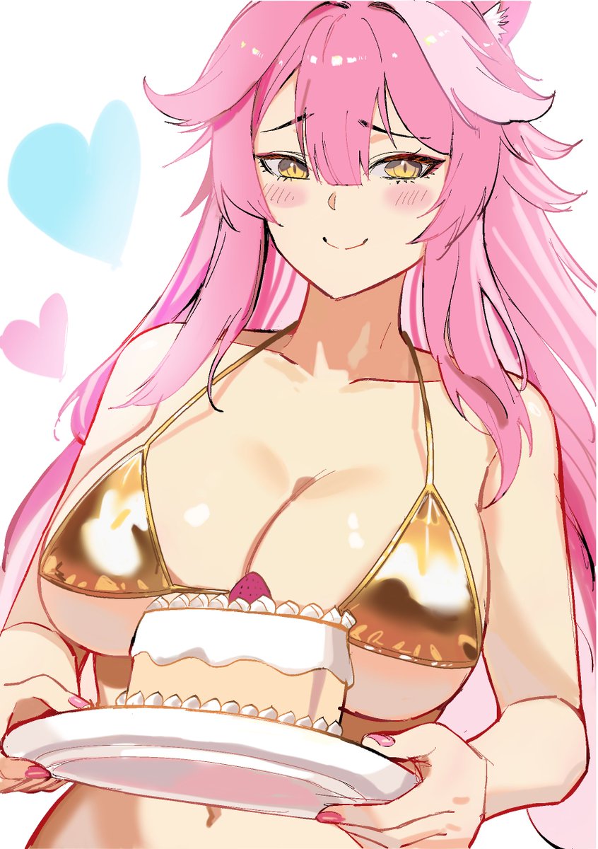 1girl animal_ears bare_shoulders bikini blush breasts cake cleavage closed_mouth collarbone commentary english_commentary fingernails food fruit hair_intakes heart highres holding holding_plate hololive hololive_english huge_breasts long_hair multicolored_hair nail_polish navel panther_ears panther_girl pink_hair pink_nails plate raora_panthera smile solo stomach strawberry streaked_hair swimsuit virtual_youtuber white_background yellow_bikini yellow_eyes yusi_vishnu