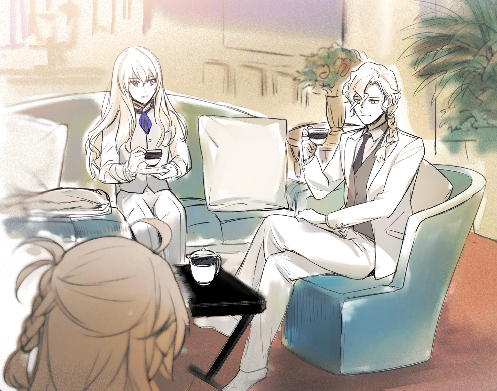 1girl 2boys aged_down ahoge aki_(neyuki41028) ascot blonde_hair blue_ascot blue_eyes blurry braid braided_ponytail cape chair closed_mouth couch crossed_legs cup depth_of_field fate/grand_order fate_(series) grey_vest hair_between_eyes hair_over_shoulder hand_up holding holding_cup holding_plate indoors jacket kirschtaria_wodime long_hair long_sleeves looking_at_another male_focus marisbury_animusphere multiple_boys necktie olga_marie_animusphere on_chair on_couch pale_color pants parted_bangs parted_lips pillow plant plate potted_plant purple_necktie purple_shirt saucer shirt shoes single_braid sitting smile table teacup unworn_cape vase vest white_jacket white_pants white_shoes yellow_eyes