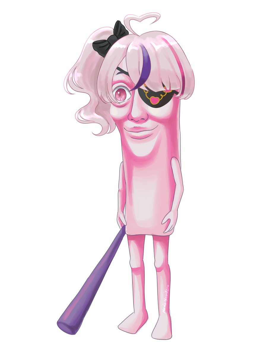 1girl ahoge club_(weapon) eyepatch full_body heart heart_ahoge highres holding holding_club holding_weapon italian_brainrot_ai_animals_(meme) maria_marionette meme multicolored_hair navianavillera nijisanji nijisanji_en pink_eyes pink_hair side_ponytail simple_background solo streaked_hair tung_tung_tung_sahur virtual_youtuber weapon white_background