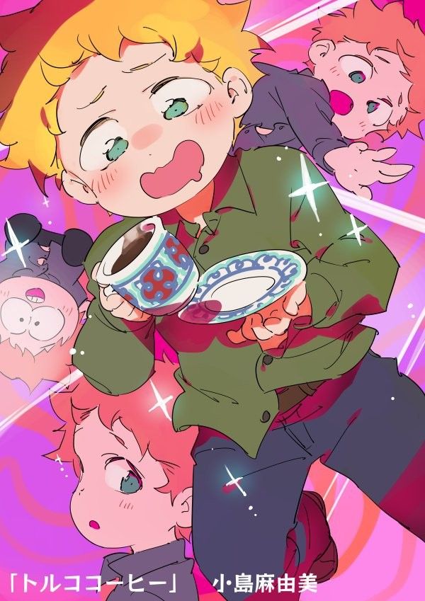 1boy be_(ronironibebe) blonde_hair coffee coffee_mug cup drooling green_eyes green_shirt holding holding_cup messy_hair mug shirt short_hair smile south_park tweek_tweak
