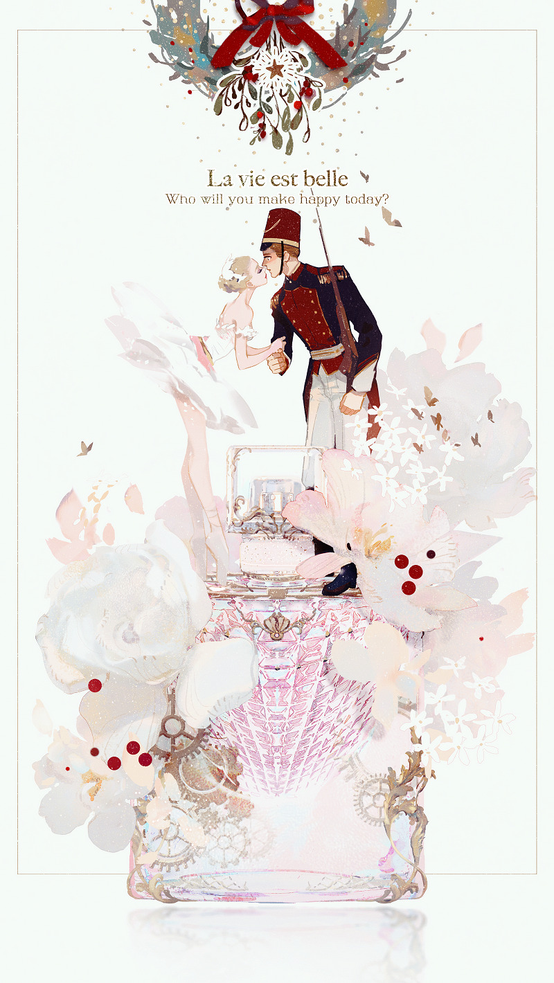 1boy 1girl ankle_ribbon ballerina ballet_slippers bare_shoulders belt bilingual_text black_footwear black_jacket blonde_hair boots bottle buttons christmas_wreath clenched_hand closed_eyes coattails collared_shirt commentary dress dress_pants english_commentary english_text epaulettes eyelashes eyeshadow feather_hair_ornament feathers flower french_text full_body gears gun hair_bun hair_ornament hat hetero highres holding holding_another&#039;s_arm holding_gun holding_weapon holly imminent_kiss jacket layered_sleeves leaf leaning_forward leg_ribbon light_particles lipstick long_sleeves makeup mian_lang military_uniform mixed-language_text multicolored_jacket musket off-shoulder_dress off_shoulder orange_hair original over_shoulder oversized_object pants parted_lips perfume_bottle petals pink_flower purple_eyeshadow red_hat red_jacket red_lips red_ribbon reflective_floor ribbon rose shako_cap shirt short_dress short_hair short_sleeves single_hair_bun standing the_nutcracker tiptoes tutu two-tone_jacket weapon weapon_over_shoulder white_background white_belt white_dress white_flower white_footwear white_pants white_ribbon white_rose wide-eyed wreath