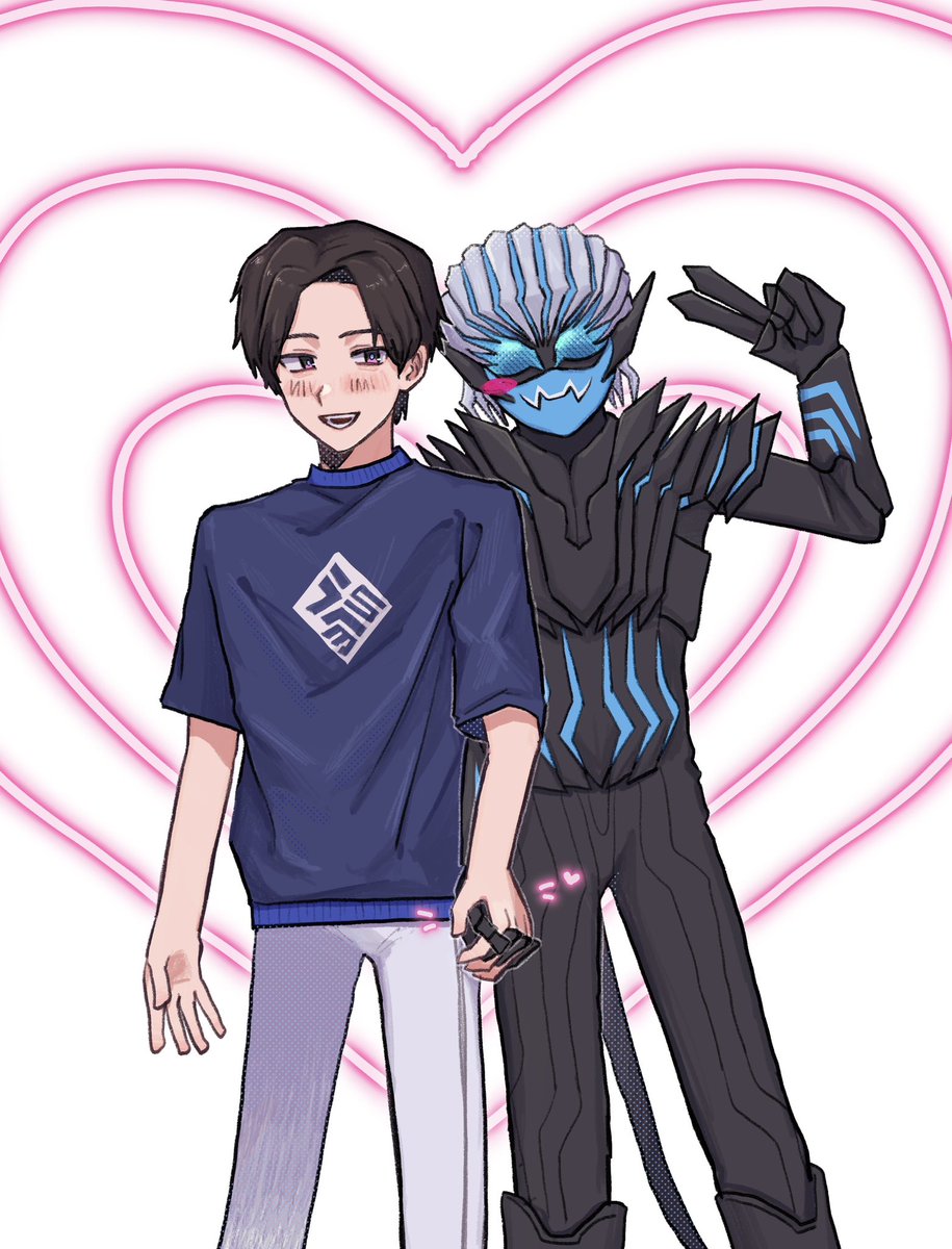 2boys blue_eyes blue_shirt brown_eyes brown_hair demon demon_boy demon_tail face_mask heart holding_hands igarashi_ikki kamen_rider kamen_rider_revice male_focus mask multiple_boys oxrse1or3z73523 pants peace shirt short_hair t-shirt tail v vice_(kamen_rider_revice) white_hair white_pants