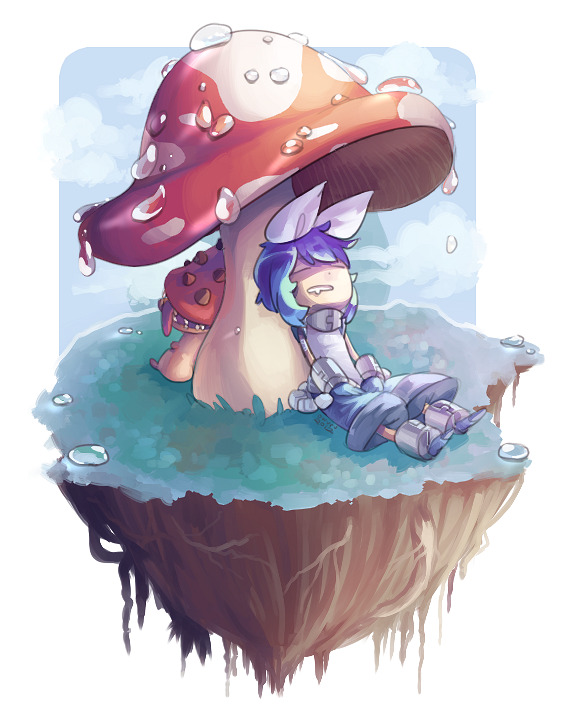 1girl blue_gloves blue_hair blue_shorts bow closed_eyes commentary english_commentary floating_island full_body giant_mushroom gloves hair_bow memoryjoule mushroom open_mouth ragnarok_online shirt short_hair shorts sleeping sleeveless sleeveless_shirt solo spore_(ragnarok_online) super_novice_(ragnarok_online) white_bow white_shirt