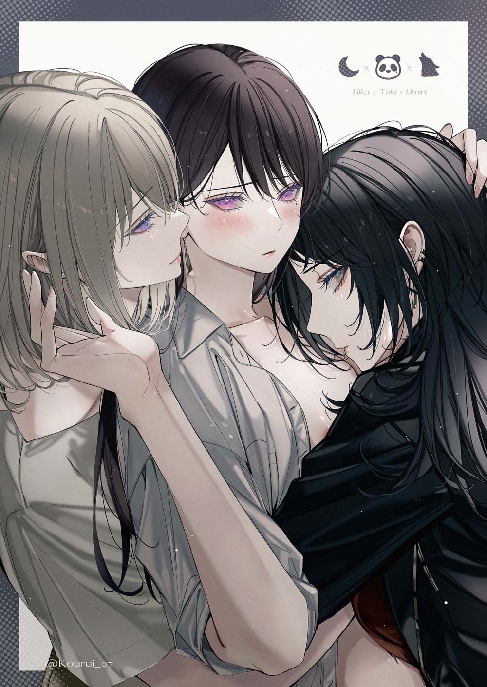 3girls areola_slip bang_dream! bang_dream!_it&#039;s_mygo!!!!! black_hair black_jacket blackfangs blonde_hair blush closed_mouth commentary_request earclip earrings fff_threesome girl_sandwich group_sex highres hug jacket jewelry long_hair medium_hair misumi_uika mole mole_under_eye multiple_girls purple_eyes red_shirt sandwiched shiina_taki shirt short_sleeves threesome white_jacket yahata_umiri yuri