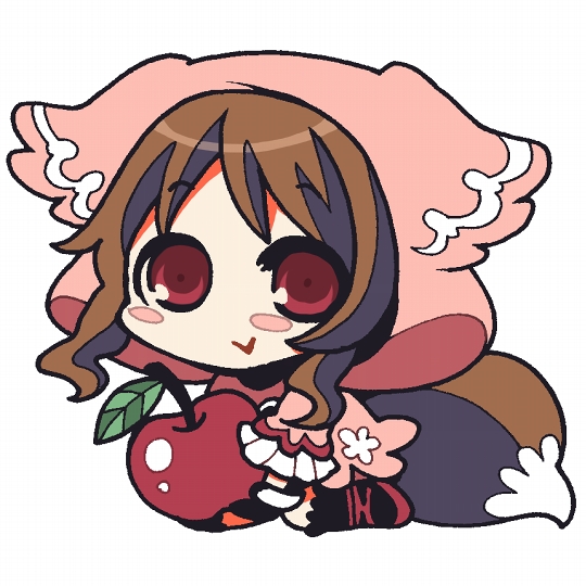 1girl apple black_socks blush_stickers brown_hair capelet chibi chibi_only closed_mouth commentary_request food fruit hood hood_up hooded_capelet long_sleeves medium_hair no_sclera ouka_miko pink_capelet red_eyes red_shoes sate_hatena shoes simple_background smile socks solo tail utau white_background wolf_tail