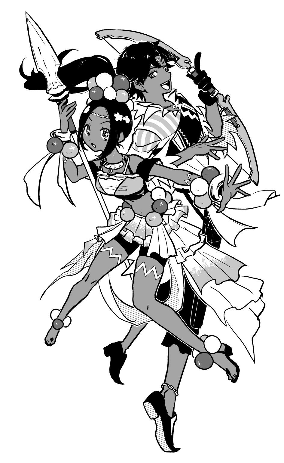 +_+ 1boy 1girl bow_(weapon) bracelet brother_and_sister dark_skin fire_emblem fire_emblem_engage fogado_(fire_emblem) greyscale highres holding holding_bow_(weapon) holding_polearm holding_weapon jewelry long_hair misoshiru_utoma monochrome nintendo pearl_anklet pearl_belt pearl_bracelet pearl_hair_ornament polearm siblings star-shaped_pupils star_(symbol) symbol-shaped_pupils timerra_(fire_emblem) very_dark_skin weapon