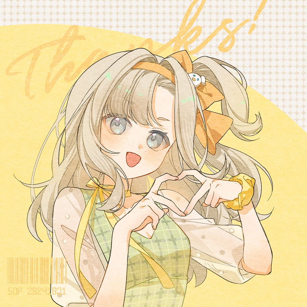 1girl four-finger_heart_hands :d asymmetrical_bangs barcode blue_eyes bow duck_hair_ornament green_shirt grey_hair hair_bow hairband hands_up heart heart_hands long_hair looking_at_viewer matilda_bouanich neck_ribbon official_alternate_costume one_side_up open_mouth plaid_clothes plaid_shirt puffy_short_sleeves puffy_sleeves reverse:1999 ribbon scrunchie see-through_clothes see-through_sleeves shirt short_sleeves smile solo sop_(sopdraws) thank_you upper_body white_sleeves wrist_scrunchie yellow_background yellow_bow yellow_hairband yellow_ribbon yellow_scrunchie
