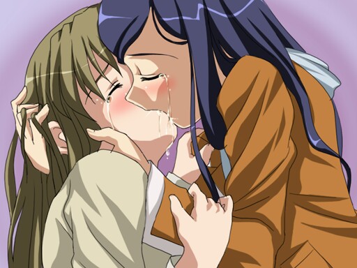 00s 2girls arm_grab blue_hair blush brown_hair couple closed_eyes fujino_shizuru grabbing_another&#039;s_hair hand_on_another&#039;s_head kiss kuga_natsuki long_hair multiple_girls my-hime profile saliva sanshita tears yuri