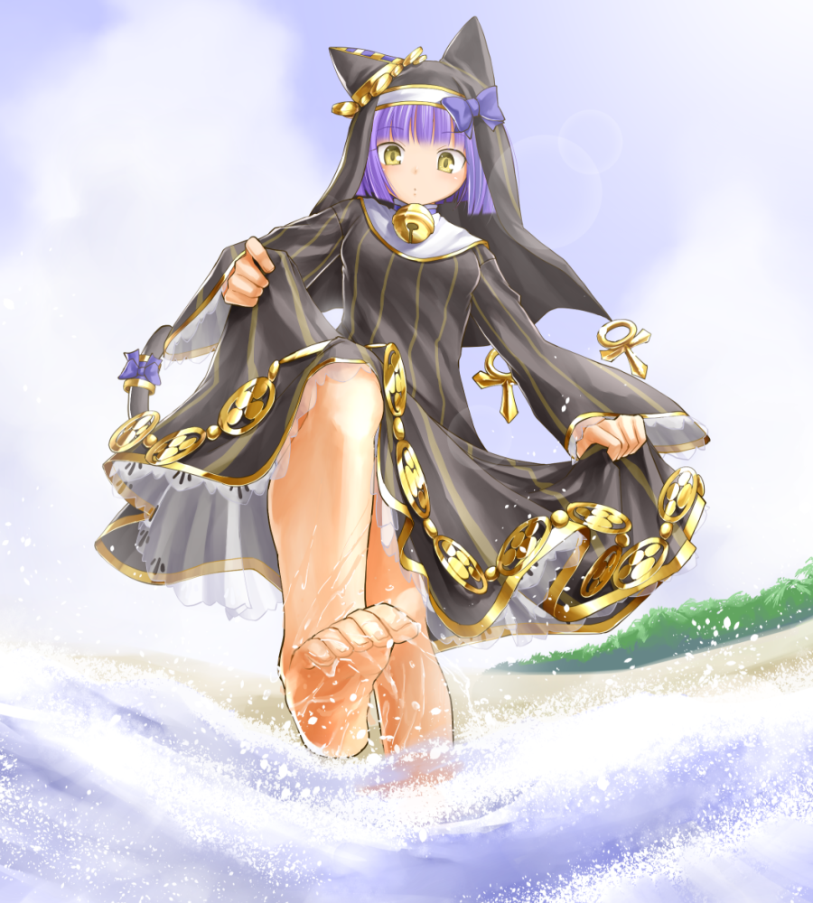 1girl animal_ears animal_hood ankh barefoot bastet_lore bell black_dress breasts cat_ears cat_hood cat_tail collar curtsey dress emil_chronicle_online feet female_focus from_below habit hood kasuga_yukihito lens_flare neck_bell purple_hair short_hair skirt_hold sky small_breasts solo splashing striped tail tail_ornament toes vertical_stripes wading yellow_eyes