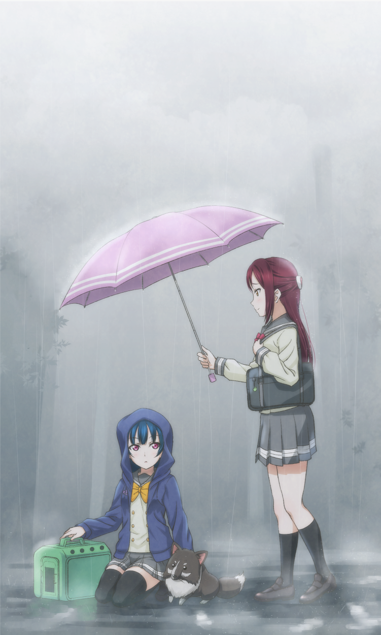 2girls anibache animal anko_(love_live!) bag black_socks blue_hair blue_jacket bow bowtie buttons commentary_request dog double-breasted grey_skirt hair_ornament hairclip half_updo highres holding holding_umbrella hood hood_up hooded_jacket jacket kneehighs kneeling loafers long_hair long_sleeves love_live! love_live!_sunshine!! multiple_girls outdoors overcast pet_carrier pink_umbrella pleated_skirt purple_eyes rain red_neckwear sakurauchi_riko school_bag school_uniform serafuku shoes skirt sky socks standing thighhighs tsushima_yoshiko umbrella uranohoshi_school_uniform yellow_neckwear