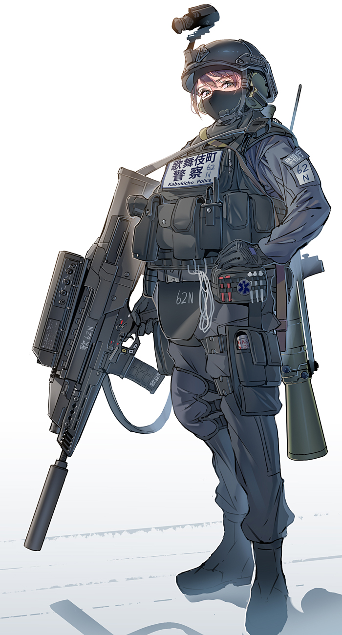 1girl airburst_grenade_launcher alliant_techsystems ammunition_pouch assault_rifle baton_(weapon) black_boots black_hat black_pants body_armor bolt_action boots brown_hair bulletproof_vest bullpup carbine carl_gustaf_8.4cm_recoilless_rifle carl_gustaf_recoilless_rifle carl_gustaf_stads_gevarsfaktori combat_boots combat_helmet commentary computerized_scope contraves_brashear_systems daewoo_k11 daito first_aid_kit full_body gloves grenade_launcher gun hair_between_eyes hair_bun handgun hat hazard_symbol headgear headphones heckler_&amp;_koch helmet highres holding holding_gun holding_weapon holster holstered huge_weapon l-3_communications_corporation l3_technologies long_gun looking_at_viewer looking_to_the_side magazine_(weapon) mask military_program modular_weapon_system mouth_mask multi-weapon multiple-barrel_gun night-vision_device night_vision_device objective_individual_combat_weapon_(military_program) objective_infantry_combat_weapon_(military_program) original pants police police_hat police_uniform policewoman pouch precision-guided_firearm prototype_design radio rifle rocket_launcher s.w.a.t. saab_bofors_dynamics scope selectable_assault_battle_rifle_(military_program) semi-automatic_grenade_launcher short-barreled_rifle sight_(weapon) simple_background smart_scope smoke_grenade solo suppressor swept_bangs tactical_clothes telescopic_sight thermal_weapon_sight thigh_pouch transforming_weapon trigger_discipline under-barrel_configuration underbarrel_assault_rifle underbarrel_rifle weapon white_background xm104_(smart_scope) xm29_oicw