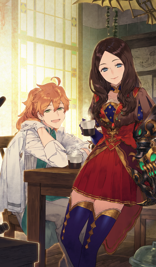 1boy 1girl ahoge aqua_jacket black_gauntlets blue_collar blue_dress blue_eyes blue_gloves blue_thighhighs breasts brown_dress brown_hair chaldea_uniform closed_mouth collar collarbone commentary cup dress drink elbow_gloves fate/grand_order fate_(series) feet_out_of_frame gauntlets gloves gold_trim green_eyes happy high-low_dress high_collar holding holding_cup indoors jacket jacket_on_shoulders leaning_on_table leonardo_da_vinci_(fate) long_hair looking_at_viewer medium_breasts multicolored_dress noco_(adamas) official_art open_mouth orange_hair pants parted_bangs ponytail puffy_short_sleeves puffy_sleeves red_dress romani_archaman short_dress short_sleeves single_gauntlet sitting smile steam thighhighs third-party_source white_gloves white_jacket white_pants