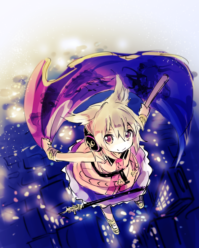 1girl belt black_belt black_collar blonde_hair blush bracelet brown_eyes cape city city_lights cityscape clip_studio_paint_(medium) collar collared_shirt earmuffs floating flower_pin flying gold_trim hair_between_eyes hair_ears haze jewelry light_blush light_particles looking_up makuwauri medium_hair pin purple_cape ribbon-trimmed_skirt ribbon_trim sandals scabbard sheath sheathed shirt skirt smile sun_ornament sword touhou toyosatomimi_no_miko unworn_cape weapon