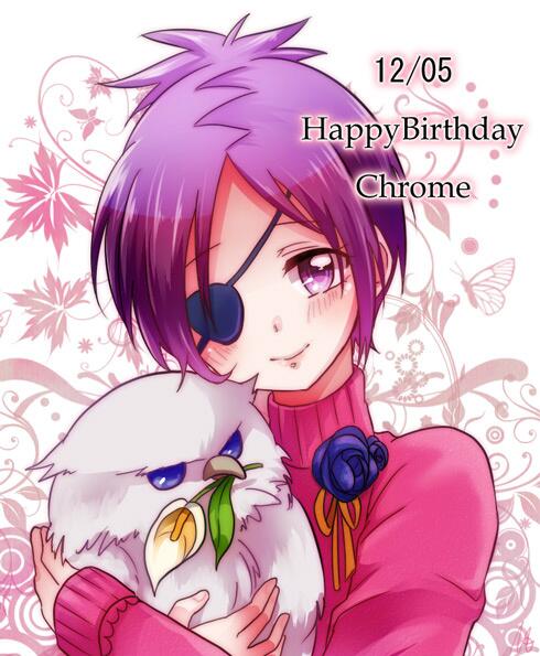 1girl animal animal_hug bird blue_eyes blush bug butterfly character_name chrome_dokuro closed_mouth corsage dated eyepatch flower happy_birthday head_tilt insect katekyo_hitman_reborn! looking_at_viewer momo_tomato owl purple_eyes purple_hair rokudou_mukuro rose short_hair smile sweater turtleneck turtleneck_sweater