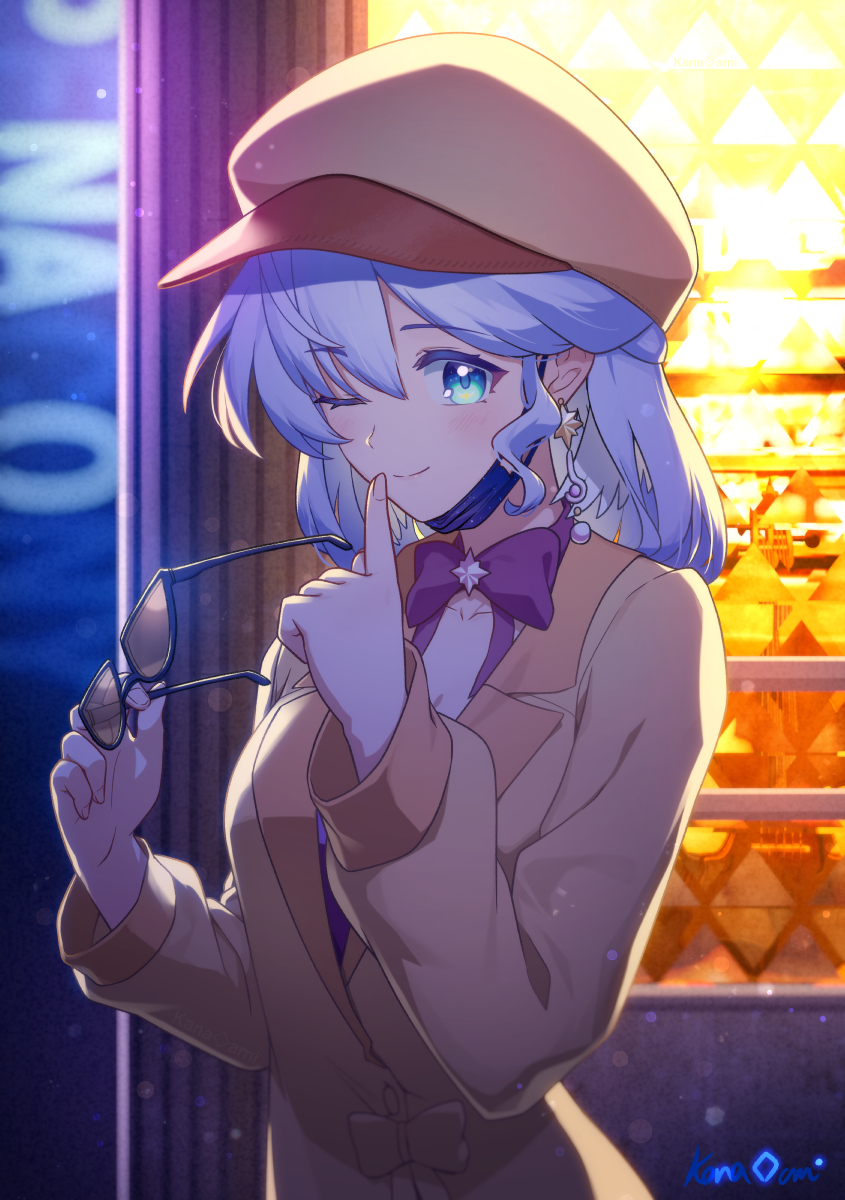 1girl brown_coat brown_hat cabbie_hat coat ear_wings hat highres holding holding_removed_eyewear honkai:_star_rail honkai_(series) kana_ami mask mask_pull mouth_mask official_alternate_costume one_eye_closed robin_(honkai:_star_rail) unworn_eyewear wings