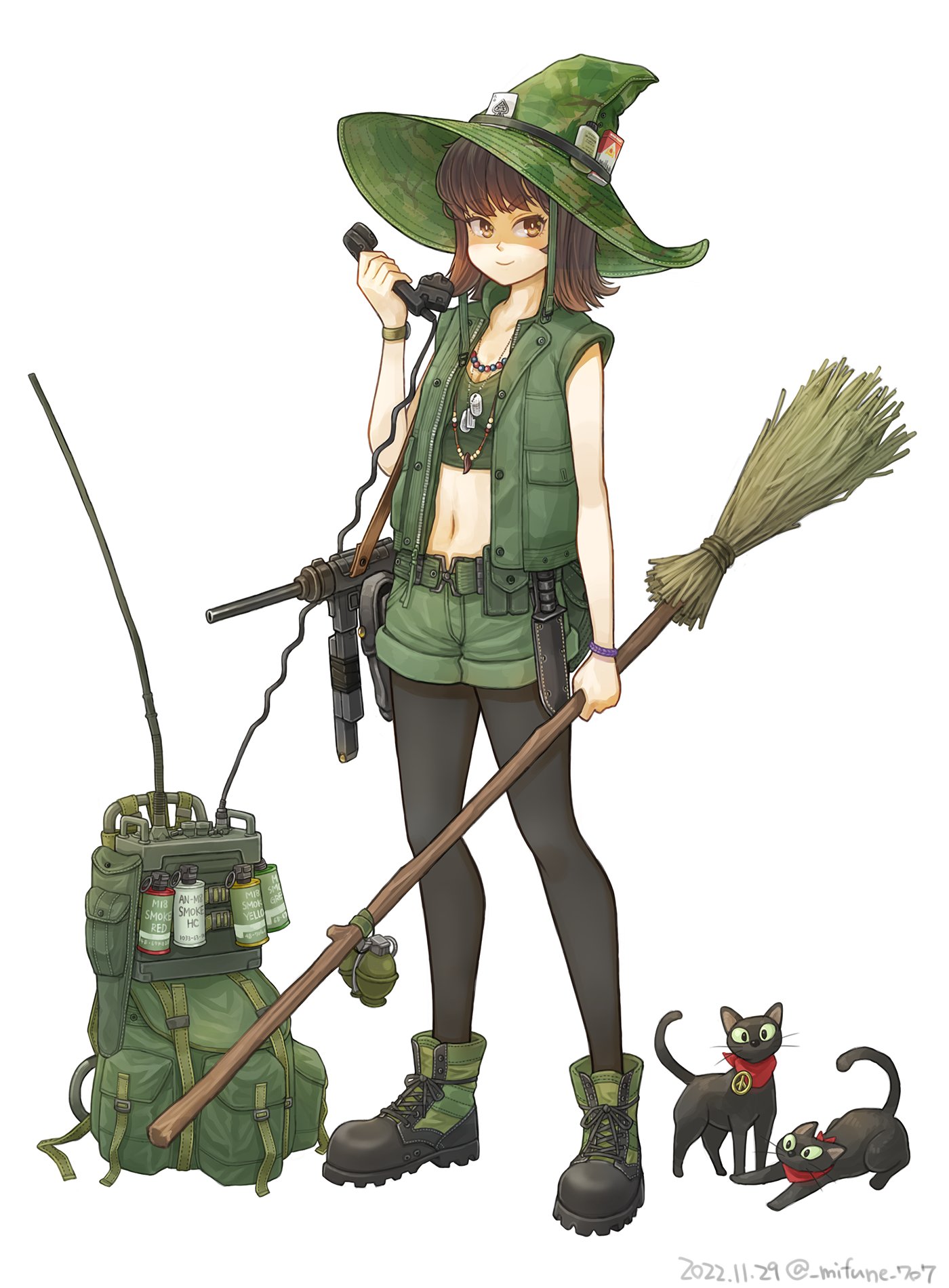 1girl ace_(playing_card) ace_of_spades backpack bag black_boots black_thighhighs boots broom brown_eyes brown_hair camouflage card cat cigarette_pack combat_boots combat_knife commentary_request dated dog_tags english_text explosive green_boots green_hat green_jacket green_shirt green_shorts grenade gun gun_sling hat highres holding holding_broom jacket jewelry jungle_style knife m18_grenade m26_(frag_grenade) m3_submachine_gun midriff mifune_(_mifune_707) military military_uniform multicolored_boots necklace original playing_card product_placement radio shirt shorts smile smoke_grenade solo spade_(shape) submachine_gun thighhighs twitter_username two-tone_boots unworn_backpack unworn_bag vietnam_war weapon white_background witch