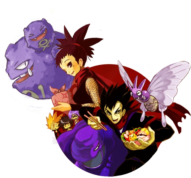 &gt;_&lt; 1990s_(style) 1boy 1girl :d age_difference bento black_hair bruno_(pokemon) chibi chopsticks closed_eyes elite_four father_and_daughter gen_1_pokemon gym_leader janine_(pokemon) koga_(pokemon) lance_(pokemon) muk ninja nintendo open_mouth pokemon pokemon_(creature) pokemon_gsc pokemon_rgby ponytail purple_hair retro_artstyle sayaka_(hot_cake_hunters) scarf smile venomoth weezing will_(pokemon) xd